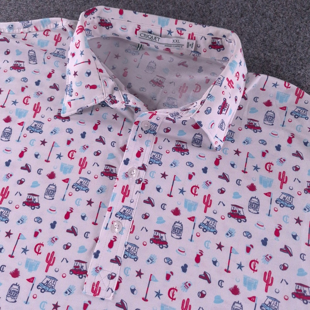 Criquet Mens XXL Golf Polo Shirt White Novelty Print Pima Cotton Blend Stretch